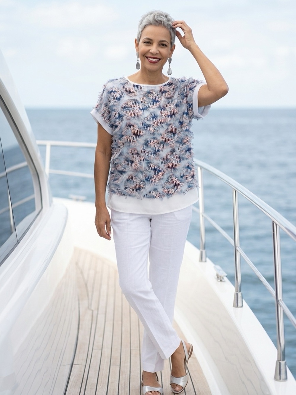 Light Blue Patterned Short-Sleeve Layered Blouse - Women